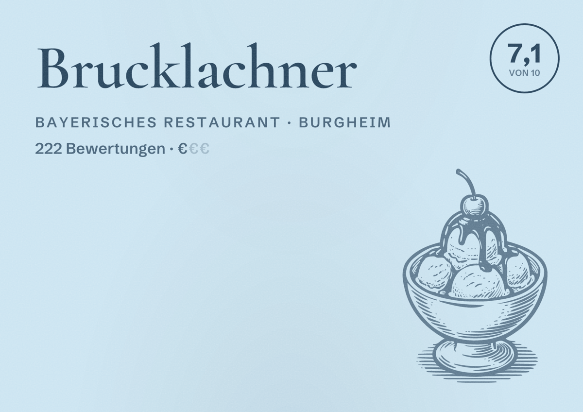 Illustriertes Poster von Brucklachner, Bayerisches Restaurant in Burgheim: Bewertung 7,1 von 10 aus 222 Bewertungen, Preisniveau €