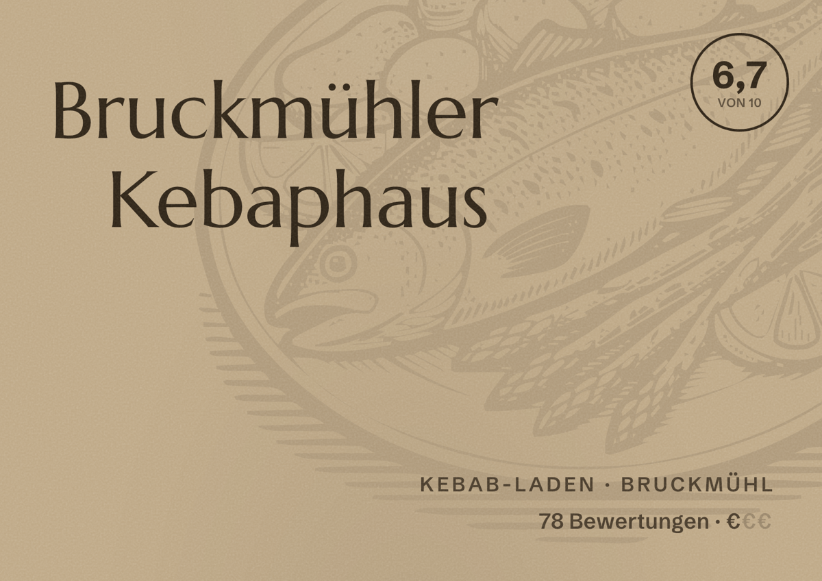 Illustriertes Poster von Bruckmühler Kebaphaus, Kebab-Laden in Bruckmühl: Bewertung 6,7 von 10 aus 78 Bewertungen, Preisniveau €