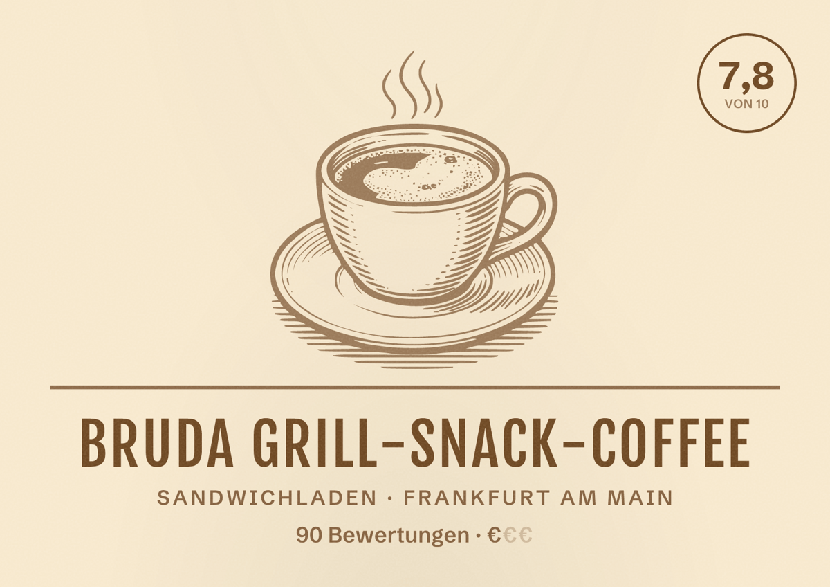 Illustriertes Poster von Bruda Grill-Snack-Coffee, Sandwichladen in Frankfurt am Main: Bewertung 7,8 von 10 aus 90 Bewertungen, Preisniveau €