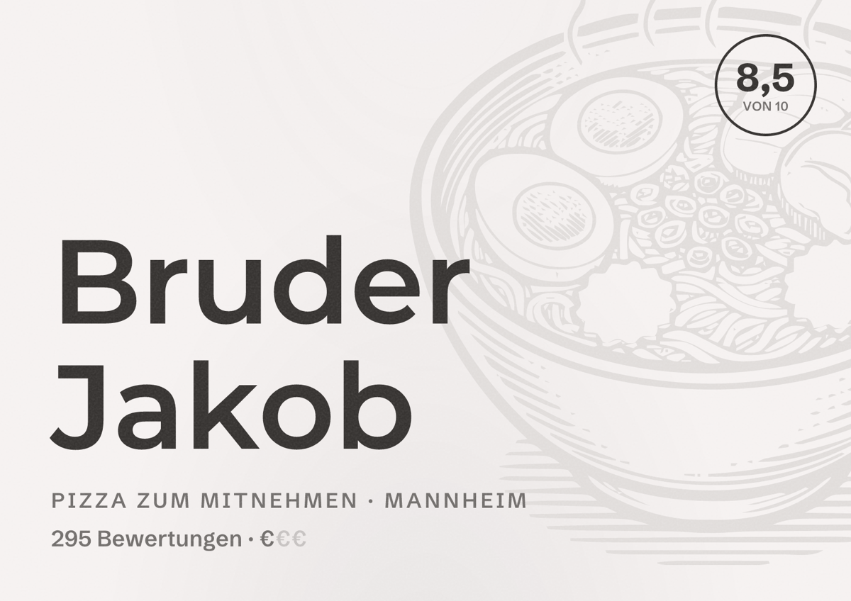 Illustriertes Poster von Bruder Jakob, Pizza zum Mitnehmen in Mannheim: Bewertung 8,5 von 10 aus 295 Bewertungen, Preisniveau €