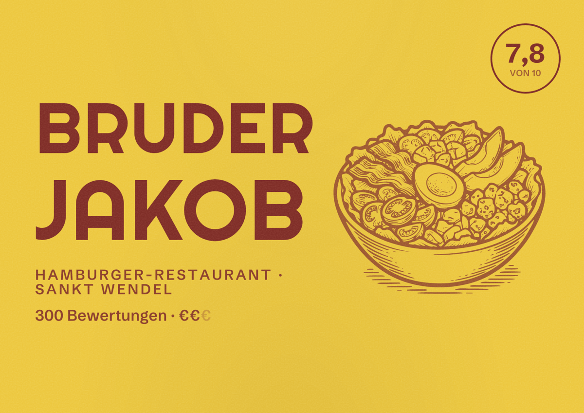 Illustriertes Poster von Bruder Jakob, Hamburger-Restaurant in Sankt Wendel: Bewertung 7,8 von 10 aus 300 Bewertungen, Preisniveau €€