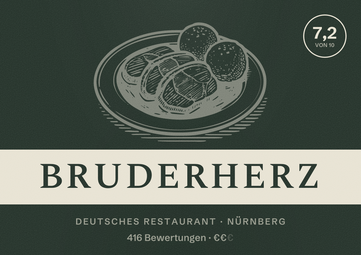 Illustriertes Poster von Bruderherz, Deutsches Restaurant in Nürnberg: Bewertung 7,2 von 10 aus 416 Bewertungen, Preisniveau €€
