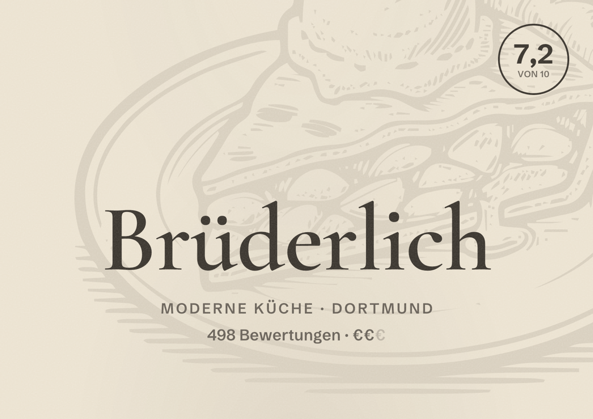 Illustriertes Poster von Brüderlich, Moderne Küche in Dortmund: Bewertung 7,2 von 10 aus 498 Bewertungen, Preisniveau €€