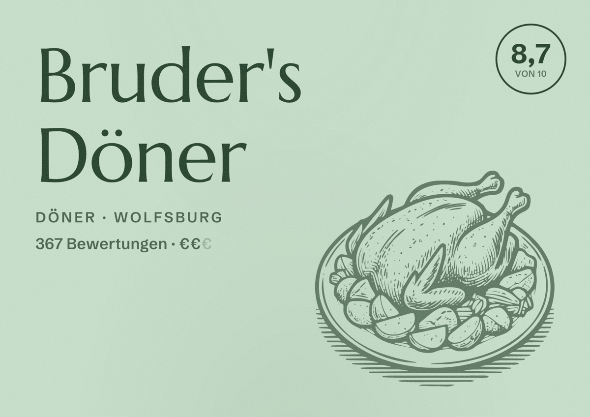 Illustriertes Poster von Bruder's Döner, Döner in Wolfsburg: Bewertung 8,7 von 10 aus 367 Bewertungen, Preisniveau €€