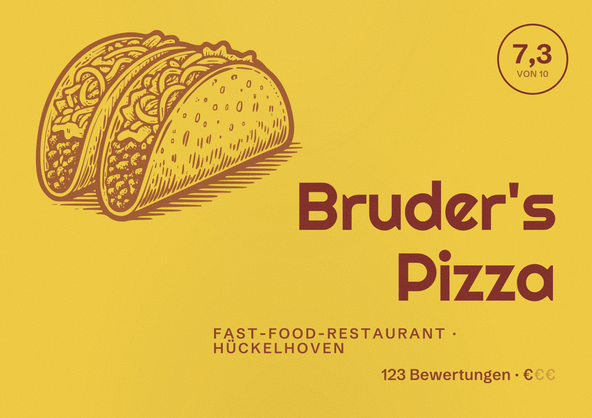 Illustriertes Poster von Bruder's Pizza, Fast-Food-Restaurant in Hückelhoven: Bewertung 7,3 von 10 aus 123 Bewertungen, Preisniveau €