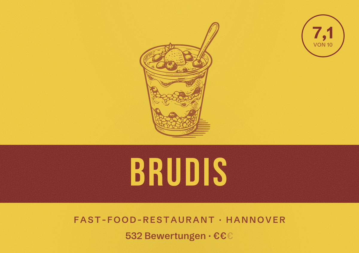 Illustriertes Poster von Brudis, Fast-Food-Restaurant in Hannover: Bewertung 7,1 von 10 aus 532 Bewertungen, Preisniveau €€