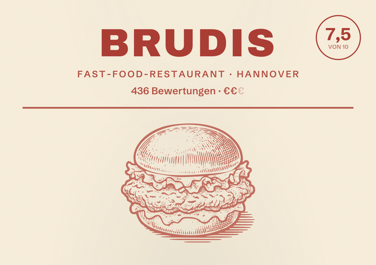 Illustriertes Poster von Brudis, Fast-Food-Restaurant in Hannover: Bewertung 7,5 von 10 aus 436 Bewertungen, Preisniveau €€