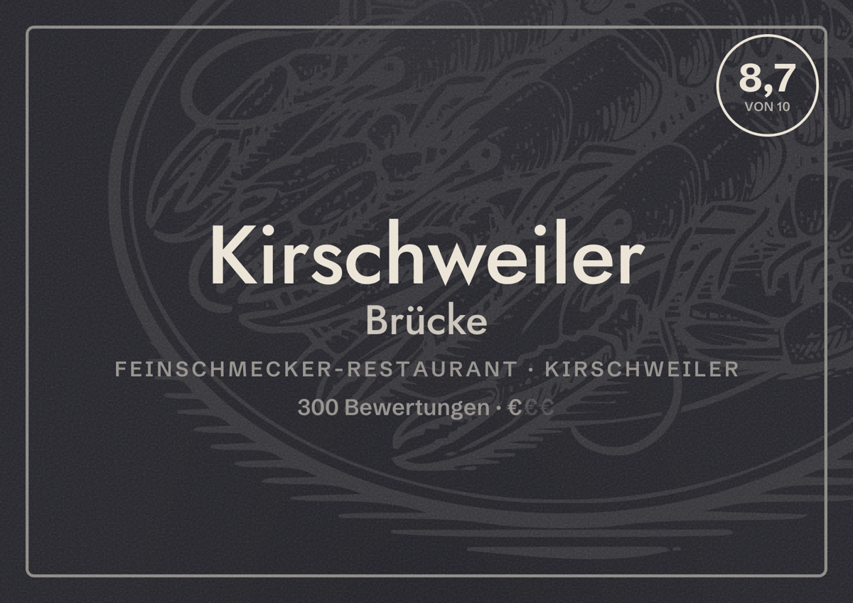 Illustriertes Poster von Kirschweiler Brücke, Feinschmecker-Restaurant in Kirschweiler: Bewertung 8,7 von 10 aus 300 Bewertungen, Preisniveau €