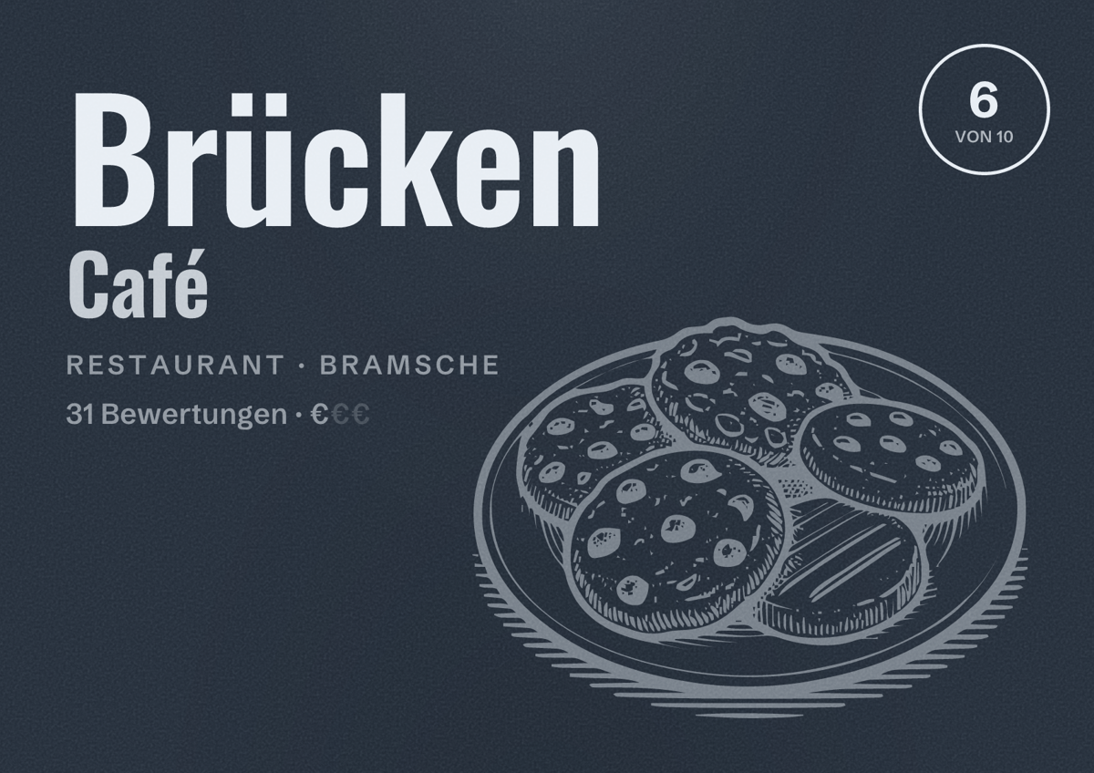 Illustriertes Poster von Brücken Café, Restaurant in Bramsche: Bewertung 6 von 10 aus 31 Bewertungen, Preisniveau €