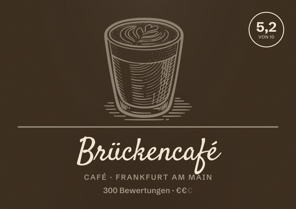 Illustriertes Poster von Brückencafé, Café in Frankfurt am Main: Bewertung 5,2 von 10 aus 300 Bewertungen, Preisniveau €€