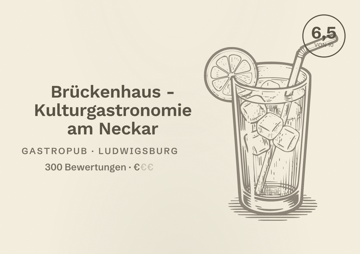 Illustriertes Poster von Brückenhaus - Kulturgastronomie am Neckar, Gastropub in Ludwigsburg: Bewertung 6,5 von 10 aus 300 Bewertungen, Preisniveau €