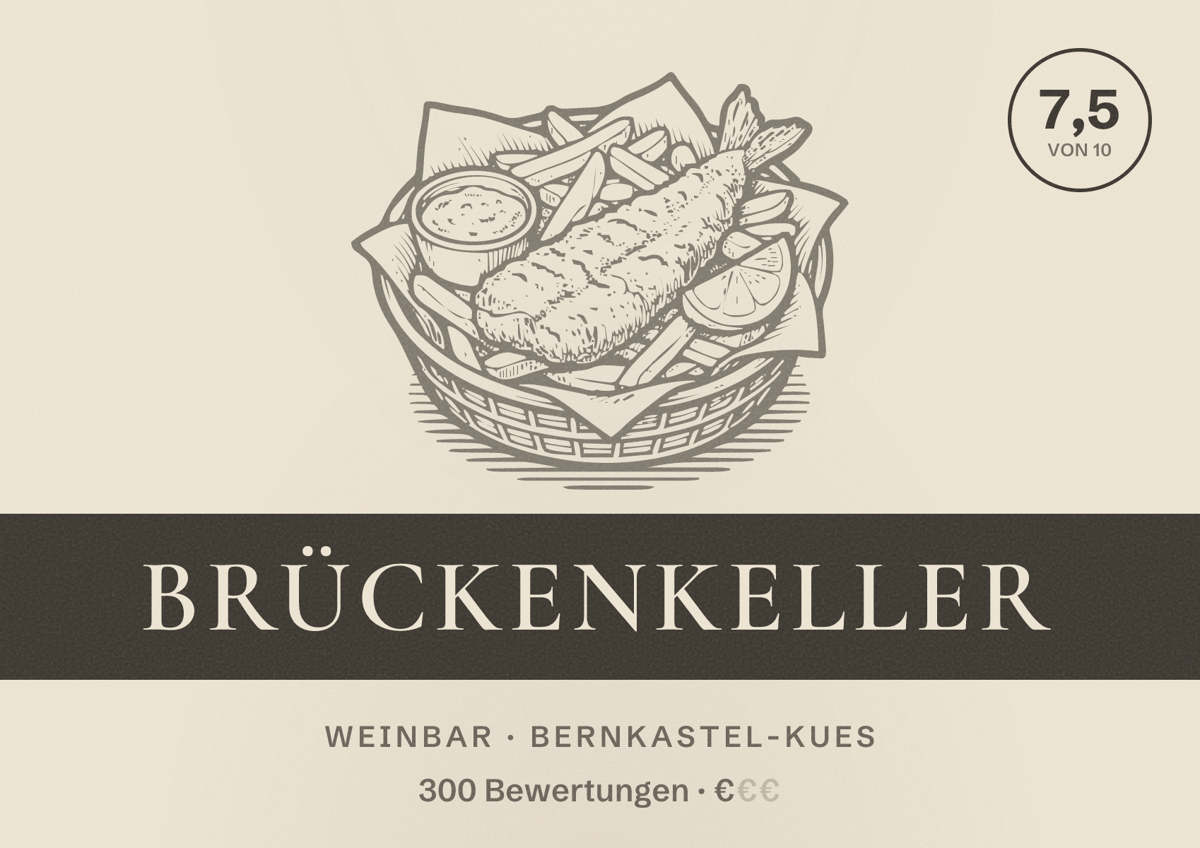 Illustriertes Poster von Brückenkeller, Weinbar in Bernkastel-Kues: Bewertung 7,5 von 10 aus 300 Bewertungen, Preisniveau €