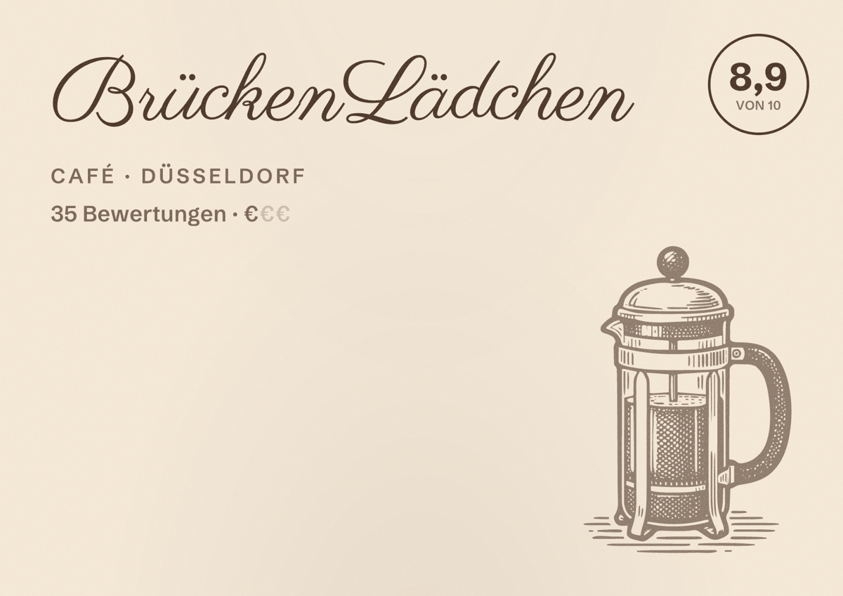 Illustriertes Poster von BrückenLädchen, Café in Düsseldorf: Bewertung 8,9 von 10 aus 35 Bewertungen, Preisniveau €