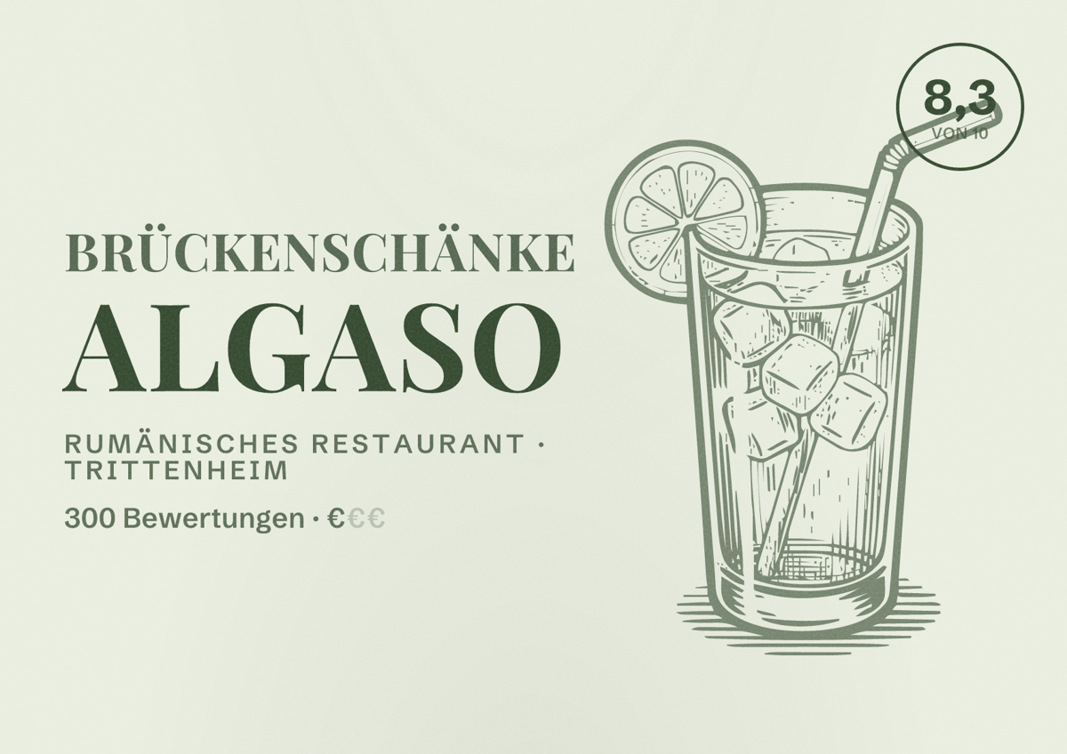 Illustriertes Poster von Brückenschänke AlGaSo, Rumänisches Restaurant in Trittenheim: Bewertung 8,3 von 10 aus 300 Bewertungen, Preisniveau €
