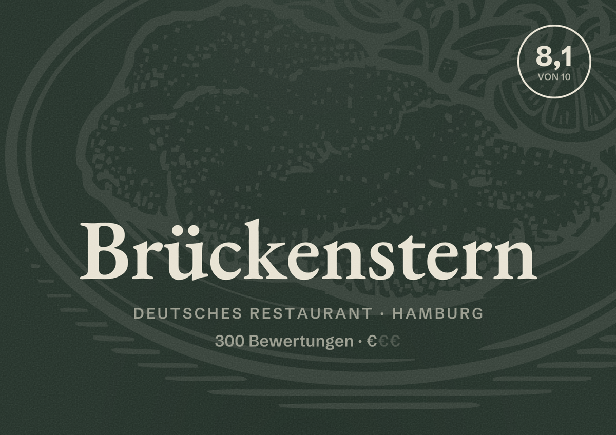 Illustriertes Poster von Brückenstern, Deutsches Restaurant in Hamburg: Bewertung 8,1 von 10 aus 300 Bewertungen, Preisniveau €