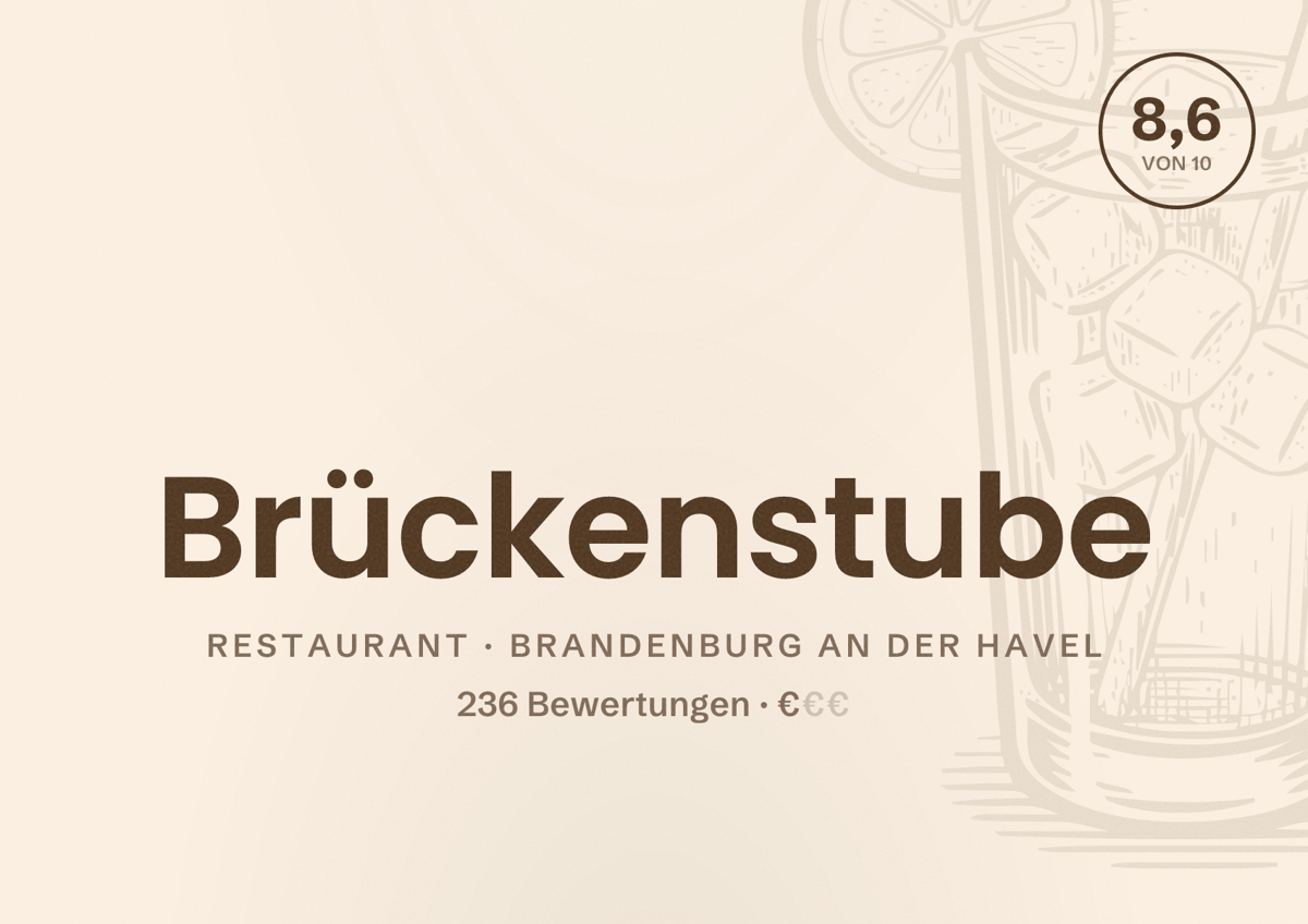Illustriertes Poster von Brückenstube, Restaurant in Brandenburg an der Havel: Bewertung 8,6 von 10 aus 236 Bewertungen, Preisniveau €