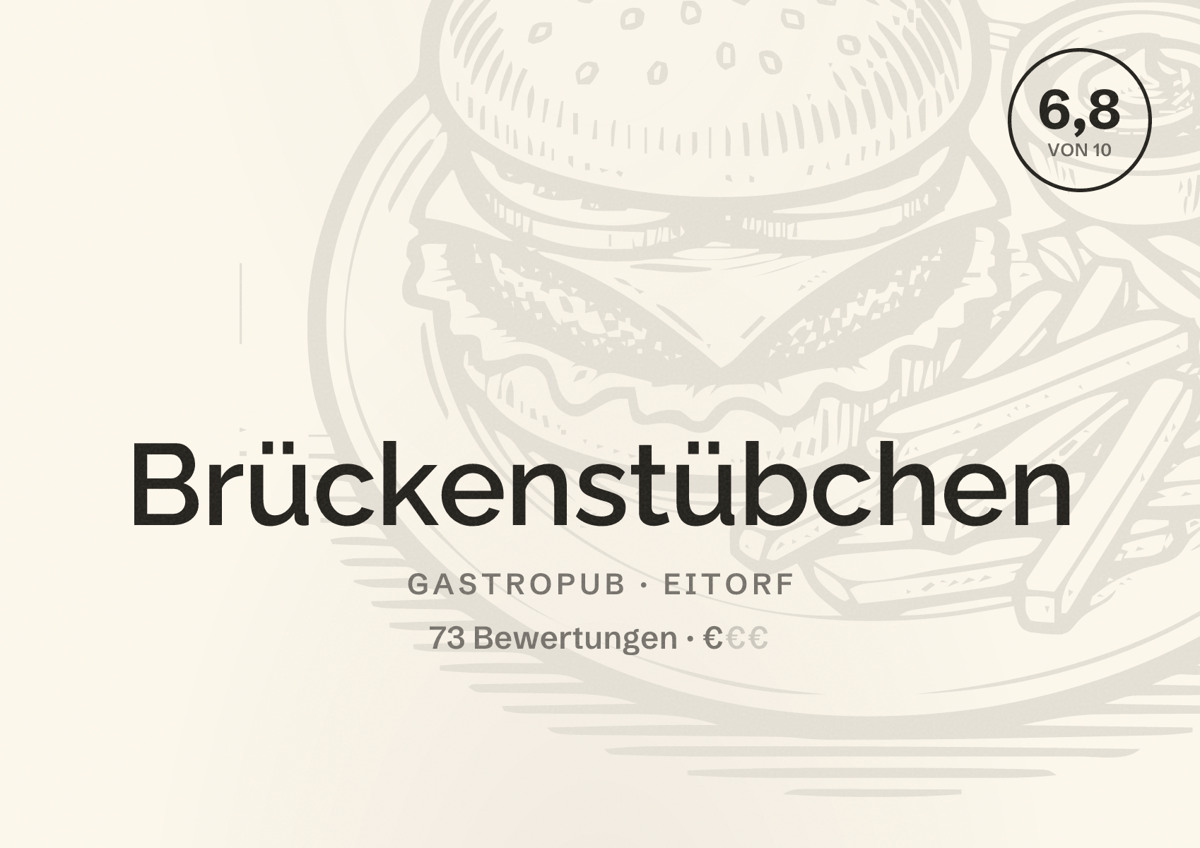 Illustriertes Poster von Brückenstübchen, Gastropub in Eitorf: Bewertung 6,8 von 10 aus 73 Bewertungen, Preisniveau €