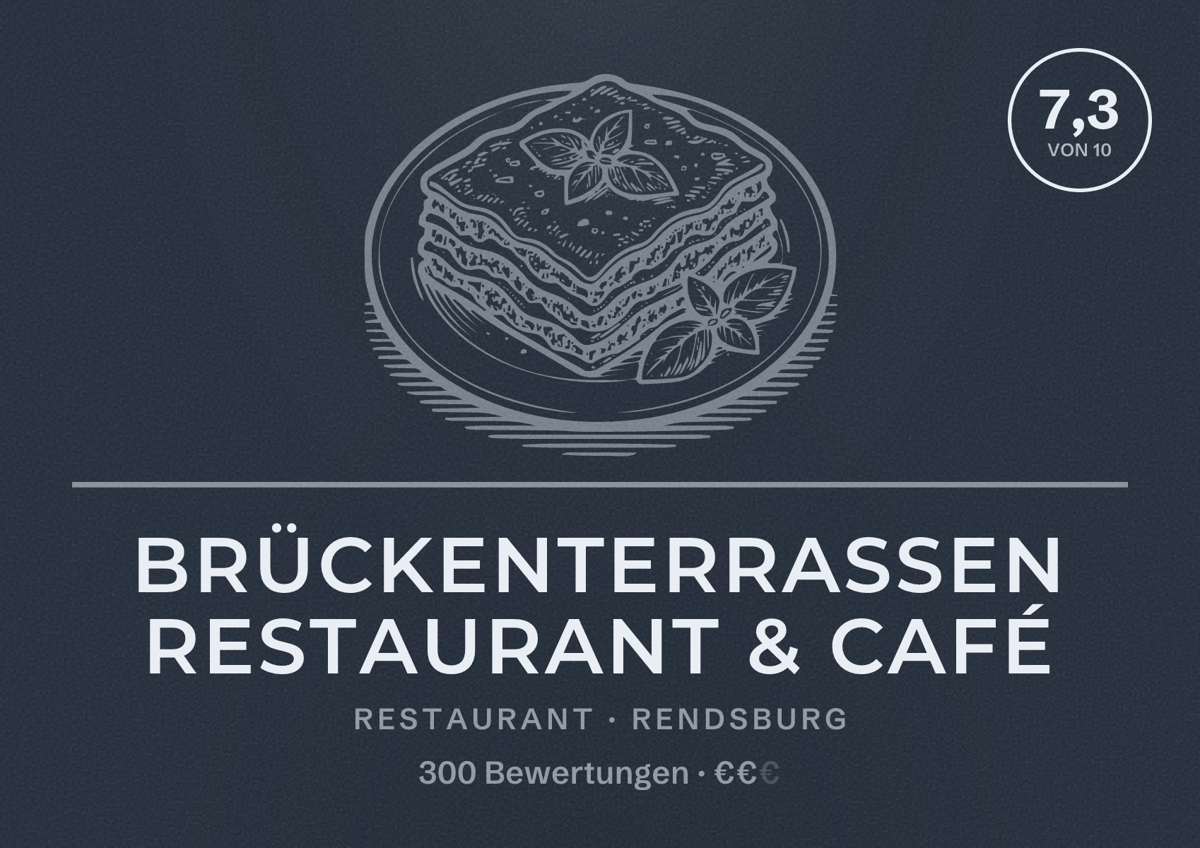 Illustriertes Poster von Brückenterrassen Restaurant & Café, Restaurant in Rendsburg: Bewertung 7,3 von 10 aus 300 Bewertungen, Preisniveau €€