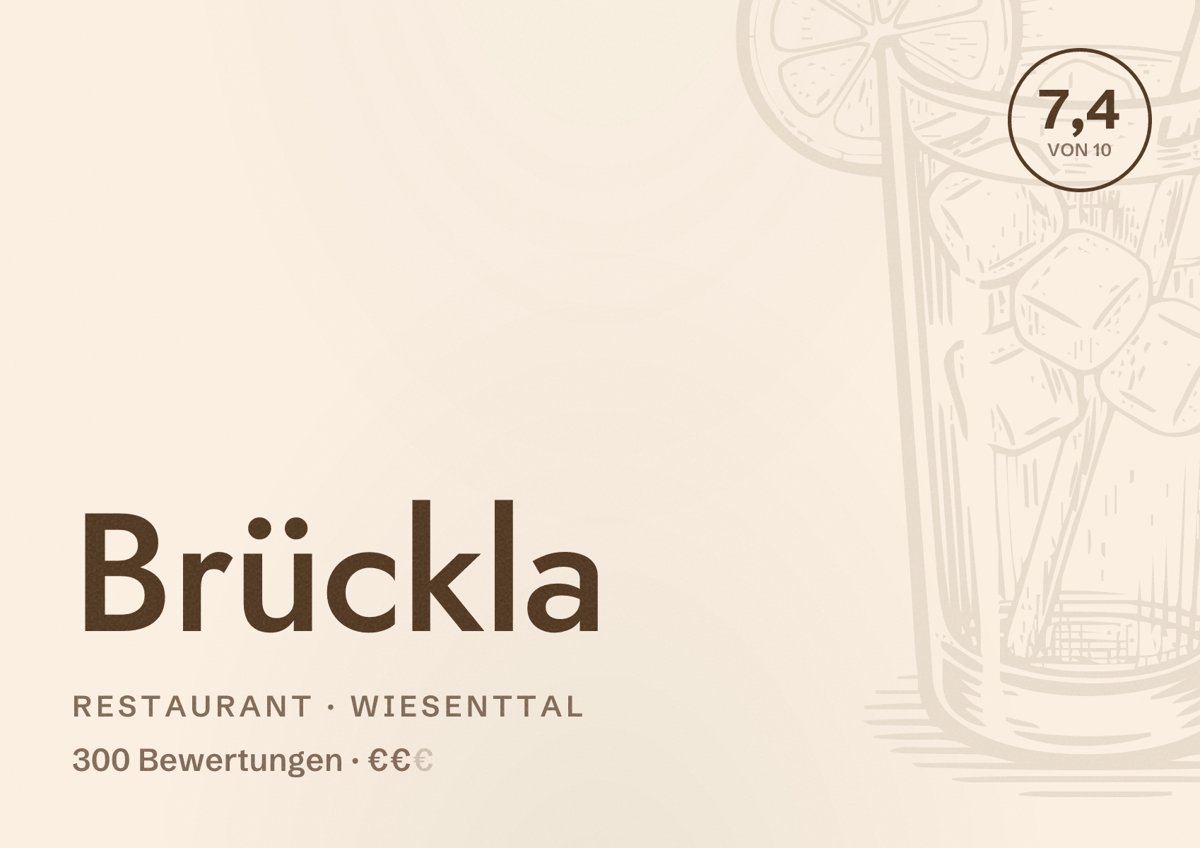 Illustriertes Poster von Brückla, Restaurant in Wiesenttal: Bewertung 7,4 von 10 aus 300 Bewertungen, Preisniveau €€