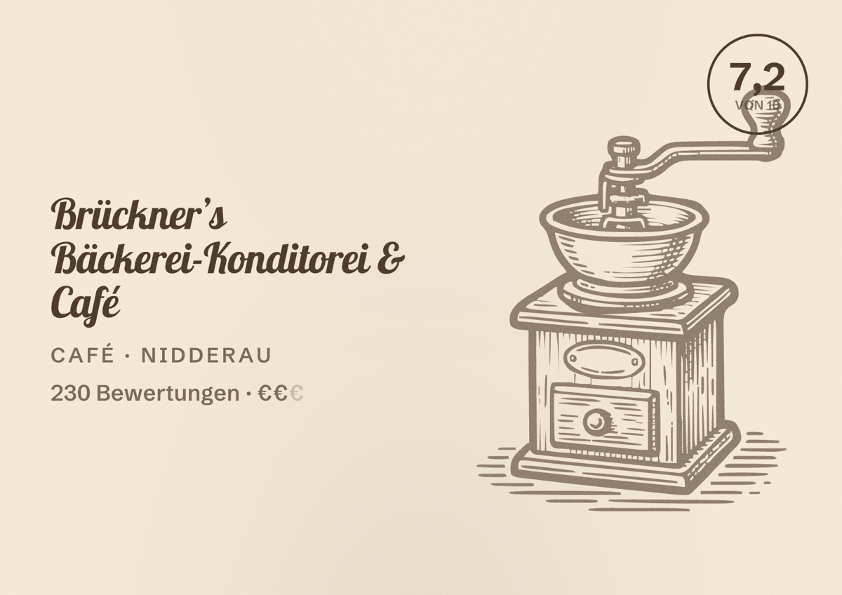 Illustriertes Poster von Brückner’s Bäckerei-Konditorei & Café, Café in Nidderau: Bewertung 7,2 von 10 aus 230 Bewertungen, Preisniveau €€