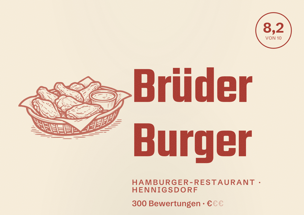 Illustriertes Poster von Brüder Burger, Hamburger-Restaurant in Hennigsdorf: Bewertung 8,2 von 10 aus 300 Bewertungen, Preisniveau €