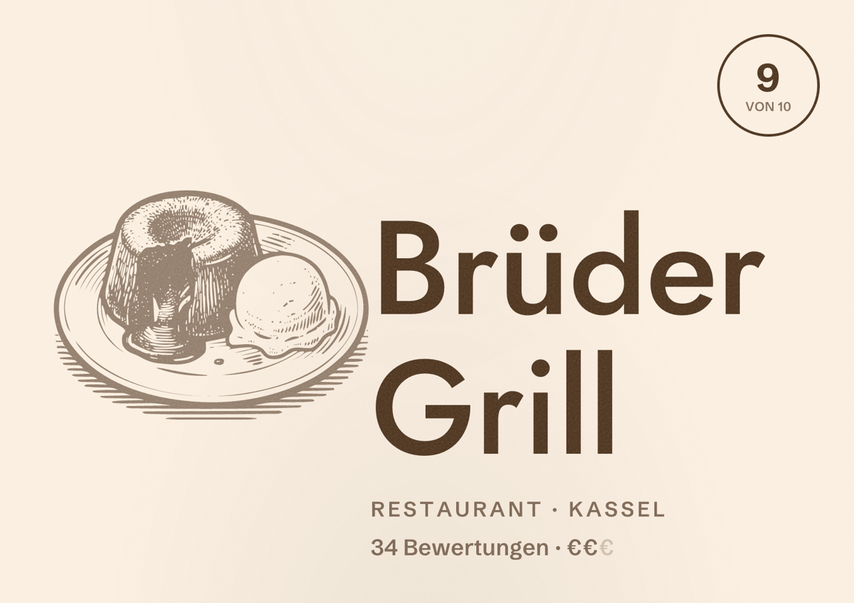 Illustriertes Poster von Brüder Grill, Restaurant in Kassel: Bewertung 9 von 10 aus 34 Bewertungen, Preisniveau €€
