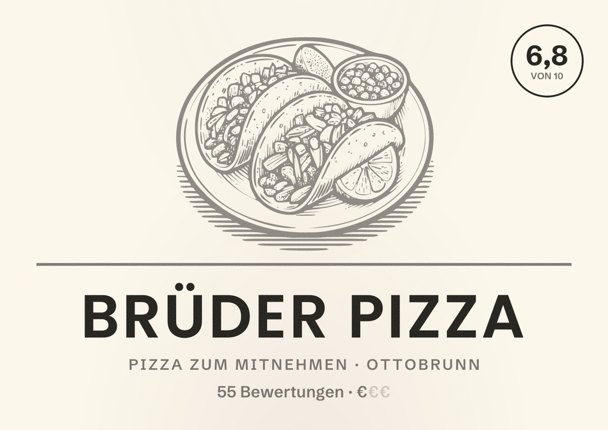 Illustriertes Poster von Brüder Pizza, Pizza zum Mitnehmen in Ottobrunn: Bewertung 6,8 von 10 aus 55 Bewertungen, Preisniveau €