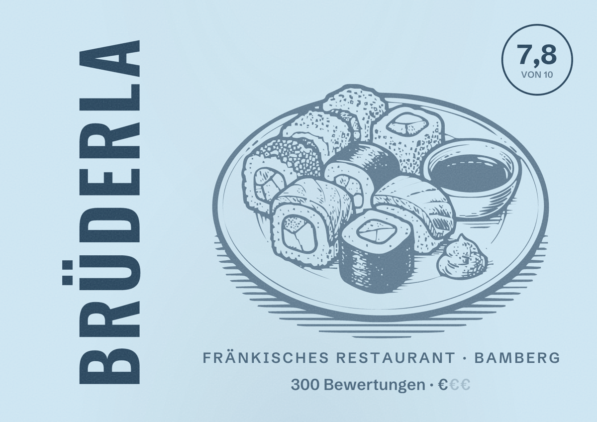 Illustriertes Poster von Brüderla, Fränkisches Restaurant in Bamberg: Bewertung 7,8 von 10 aus 300 Bewertungen, Preisniveau €