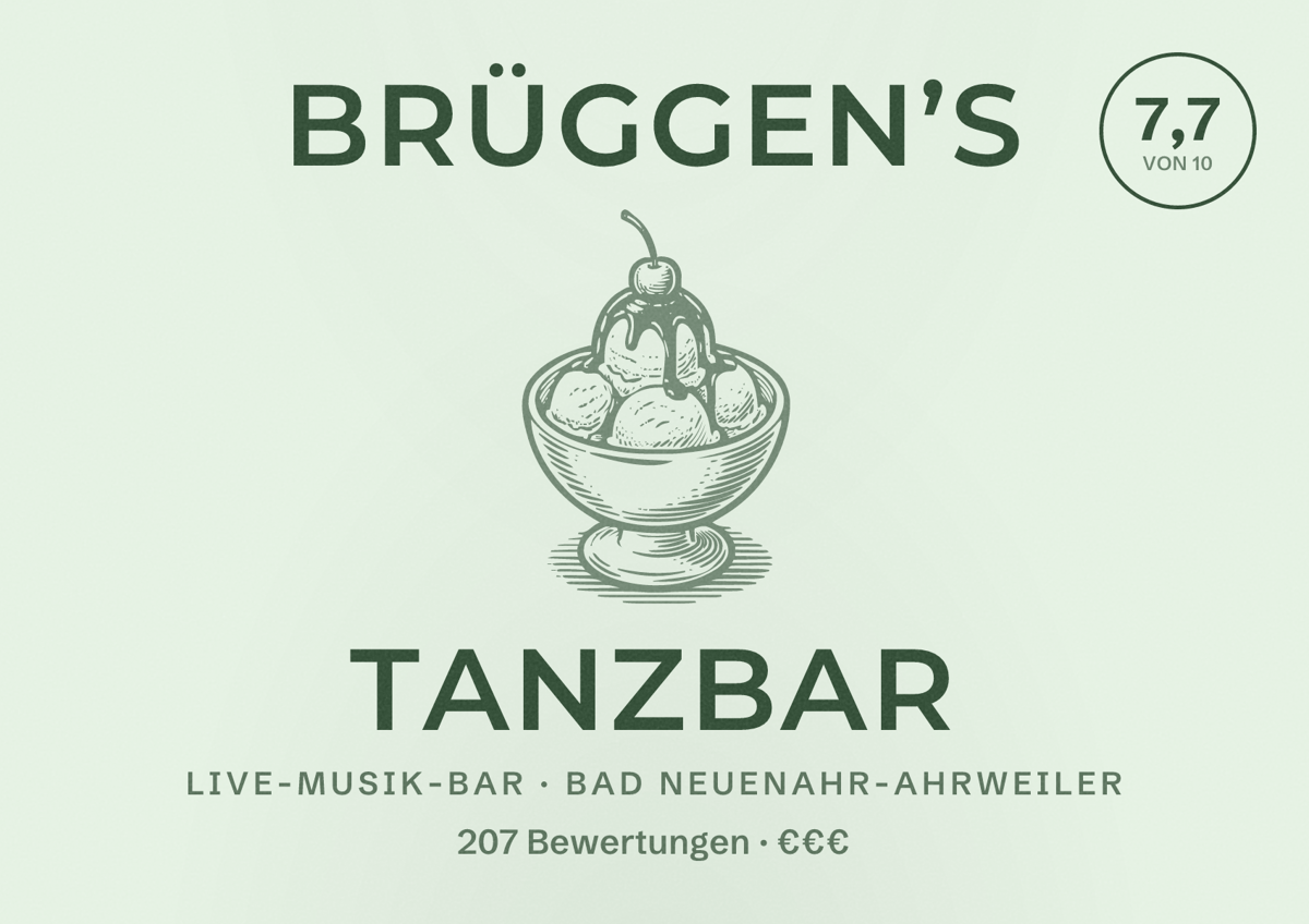 Illustriertes Poster von Brüggen’s Tanzbar, Live-Musik-Bar in Bad Neuenahr-Ahrweiler: Bewertung 7,7 von 10 aus 207 Bewertungen, Preisniveau €€€