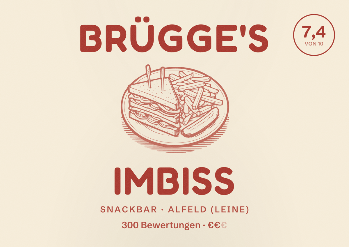 Illustriertes Poster von Brügge's Imbiss, Snackbar in Alfeld (Leine): Bewertung 7,4 von 10 aus 300 Bewertungen, Preisniveau €€