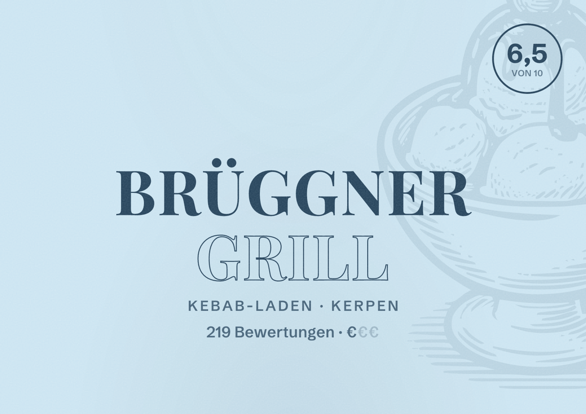 Illustriertes Poster von Brüggner Grill, Kebab-Laden in Kerpen: Bewertung 6,5 von 10 aus 219 Bewertungen, Preisniveau €