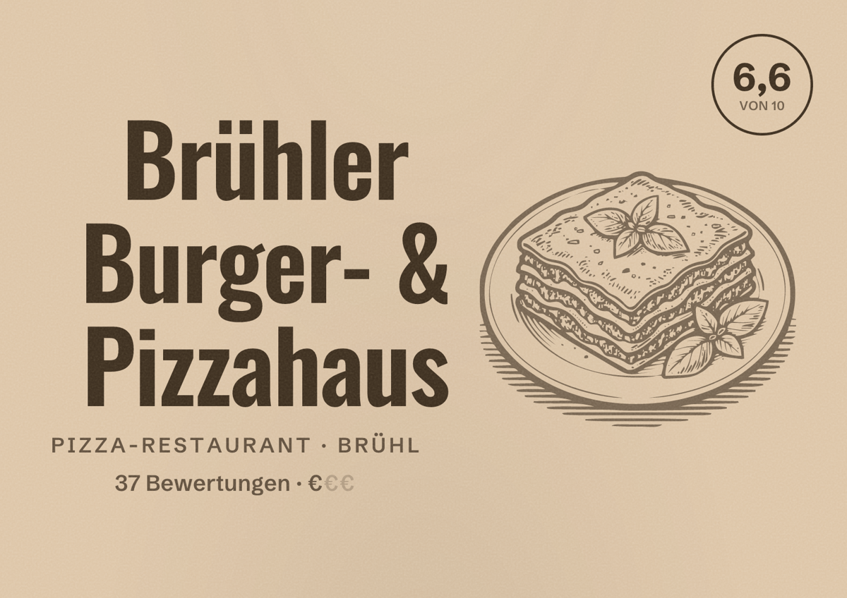 Illustriertes Poster von Brühler Burger- & Pizzahaus, Pizza-Restaurant in Brühl: Bewertung 6,6 von 10 aus 37 Bewertungen, Preisniveau €
