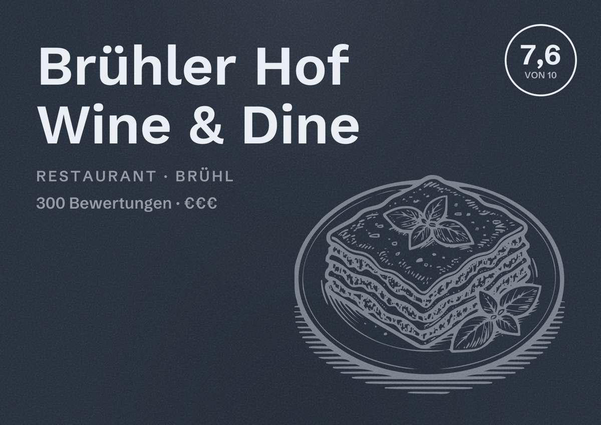 Illustriertes Poster von Brühler Hof Wine & Dine, Restaurant in Brühl: Bewertung 7,6 von 10 aus 300 Bewertungen, Preisniveau €€€