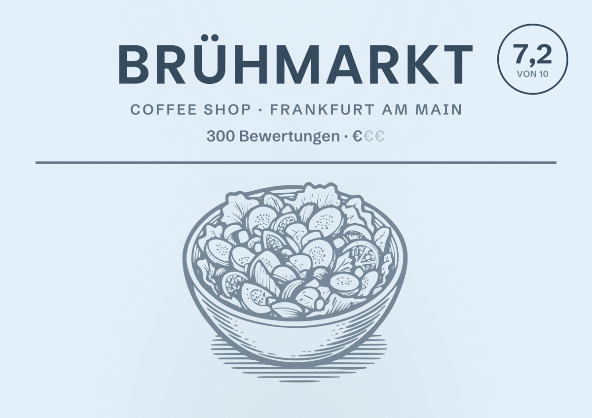 Illustriertes Poster von Brühmarkt, Coffee Shop in Frankfurt am Main: Bewertung 7,2 von 10 aus 300 Bewertungen, Preisniveau €
