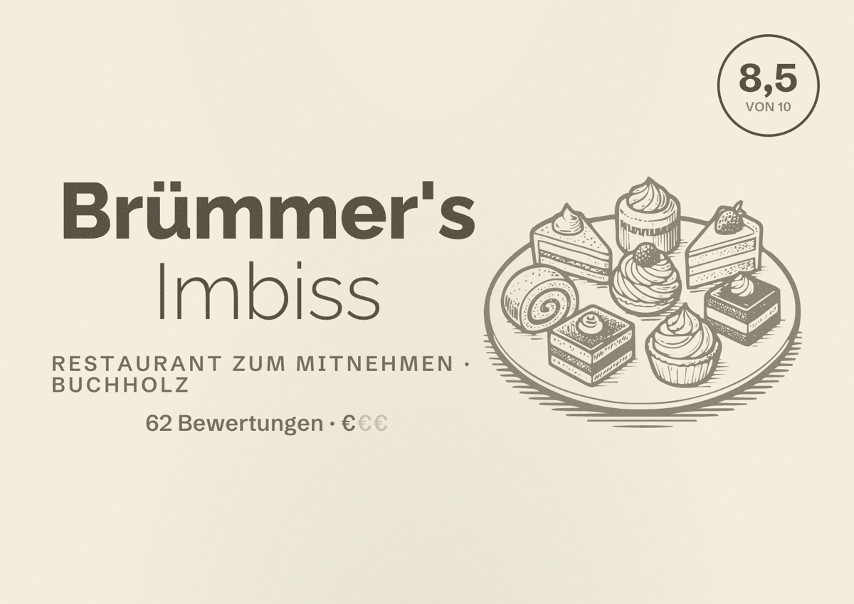 Illustriertes Poster von Brümmer's Imbiss, Restaurant zum Mitnehmen in Buchholz: Bewertung 8,5 von 10 aus 62 Bewertungen, Preisniveau €