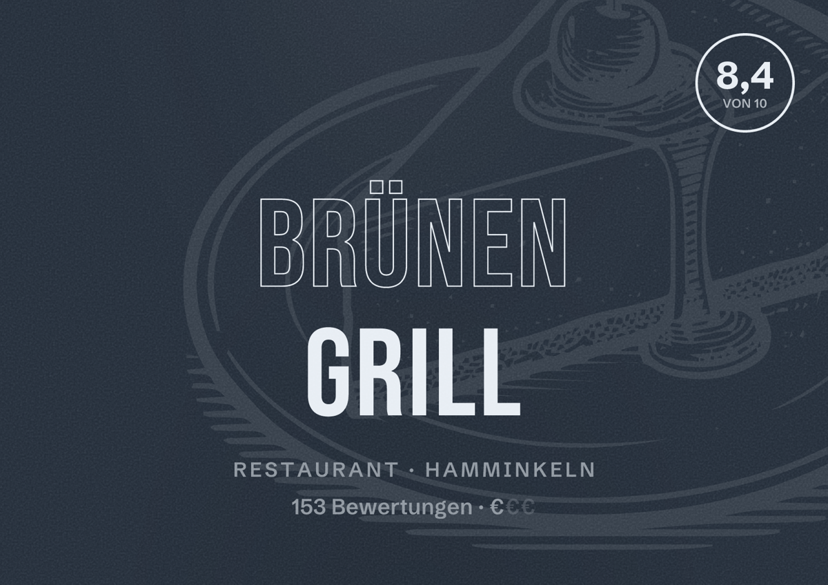Illustriertes Poster von Brünen Grill, Restaurant in Hamminkeln: Bewertung 8,4 von 10 aus 153 Bewertungen, Preisniveau €