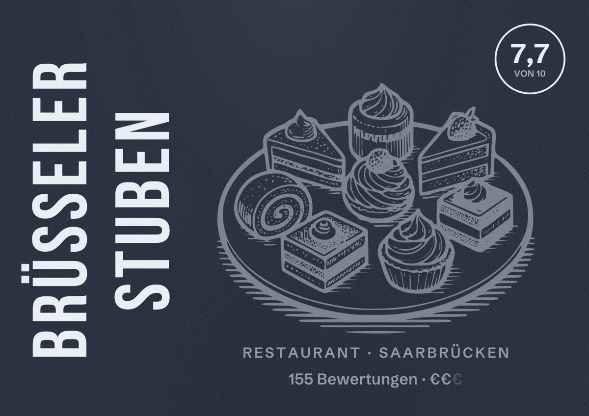 Illustriertes Poster von Brüsseler Stuben, Restaurant in Saarbrücken: Bewertung 7,7 von 10 aus 155 Bewertungen, Preisniveau €€