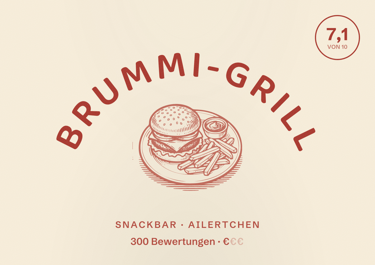 Illustriertes Poster von Brummi-Grill, Snackbar in Ailertchen: Bewertung 7,1 von 10 aus 300 Bewertungen, Preisniveau €