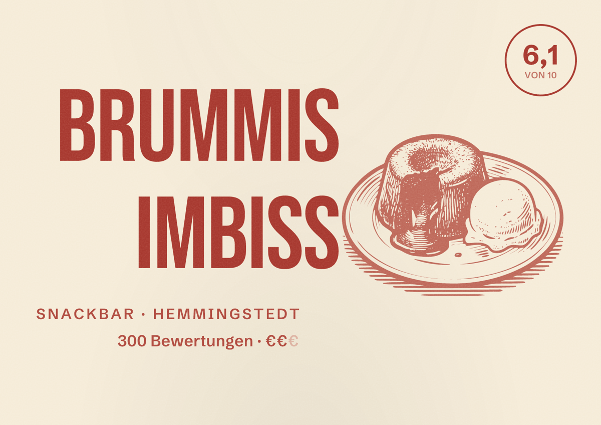 Illustriertes Poster von Brummis Imbiss, Snackbar in Hemmingstedt: Bewertung 6,1 von 10 aus 300 Bewertungen, Preisniveau €€