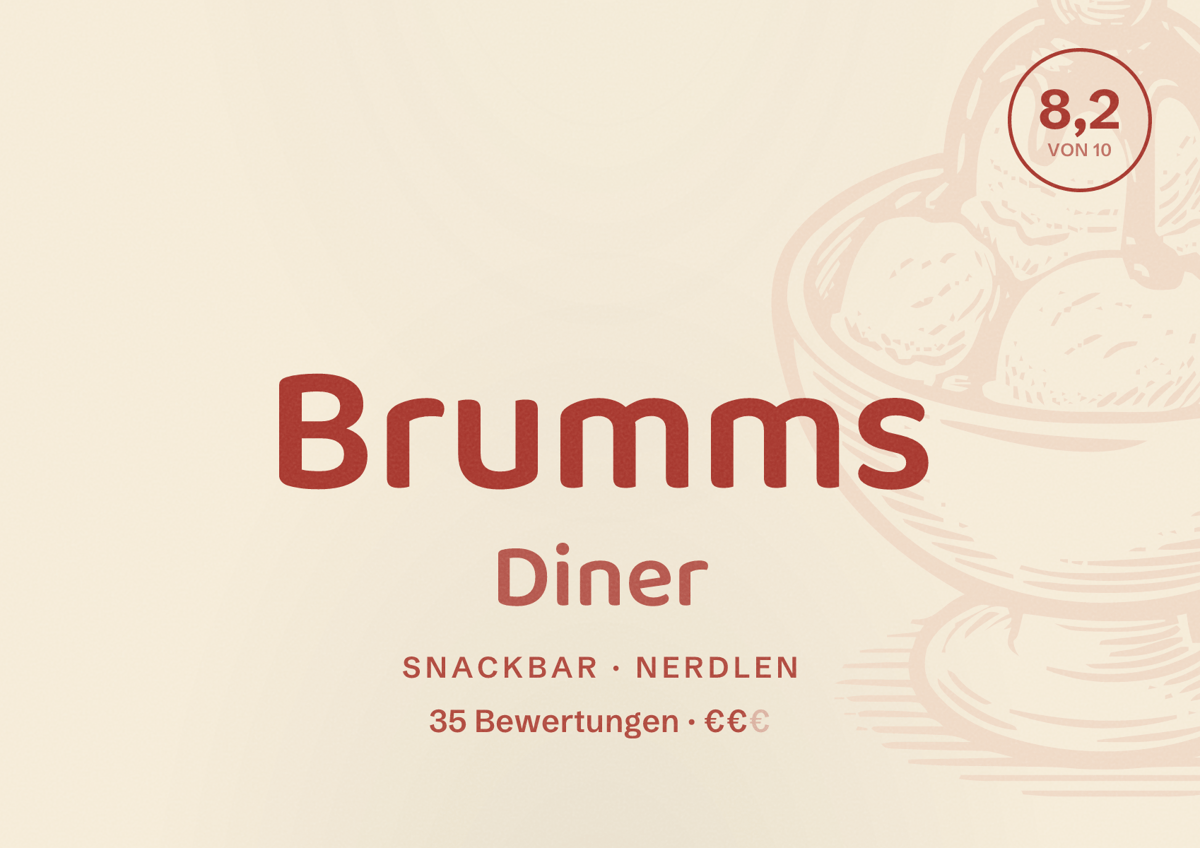 Illustriertes Poster von Brumms Diner, Snackbar in Nerdlen: Bewertung 8,2 von 10 aus 35 Bewertungen, Preisniveau €€