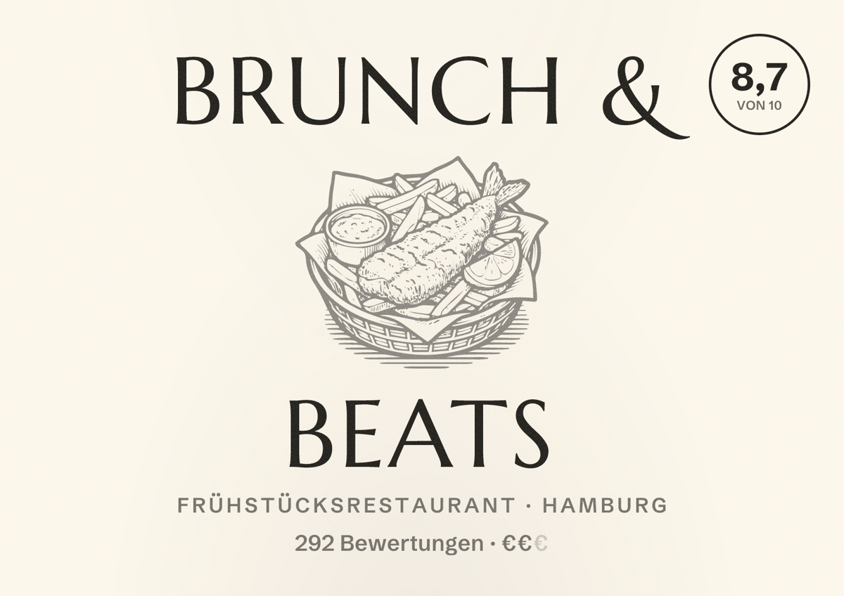 Illustriertes Poster von Brunch & Beats, Frühstücksrestaurant in Hamburg: Bewertung 8,7 von 10 aus 292 Bewertungen, Preisniveau €€