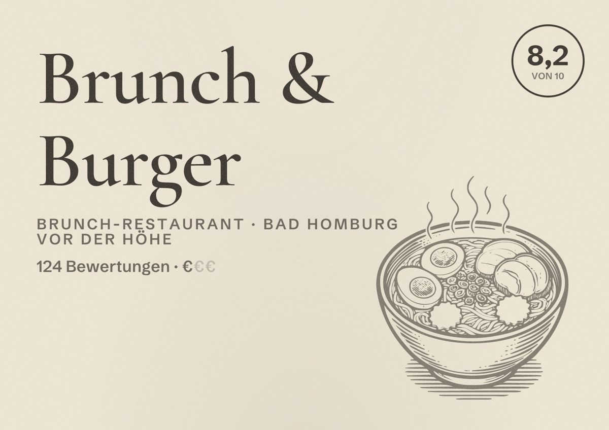 Illustriertes Poster von Brunch & Burger, Brunch-Restaurant in Bad Homburg vor der Höhe: Bewertung 8,2 von 10 aus 124 Bewertungen, Preisniveau €