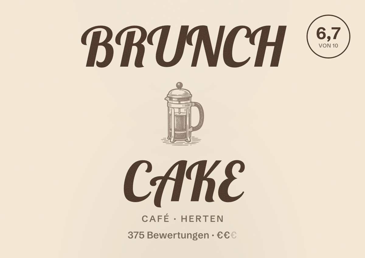 Illustriertes Poster von BRUNCH CAKE, Café in Herten: Bewertung 6,7 von 10 aus 375 Bewertungen, Preisniveau €€