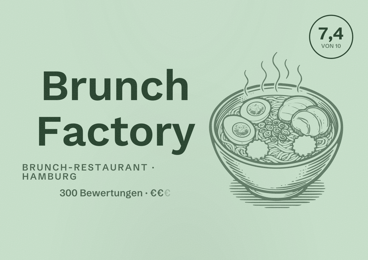 Illustriertes Poster von Brunch Factory, Brunch-Restaurant in Hamburg: Bewertung 7,4 von 10 aus 300 Bewertungen, Preisniveau €€