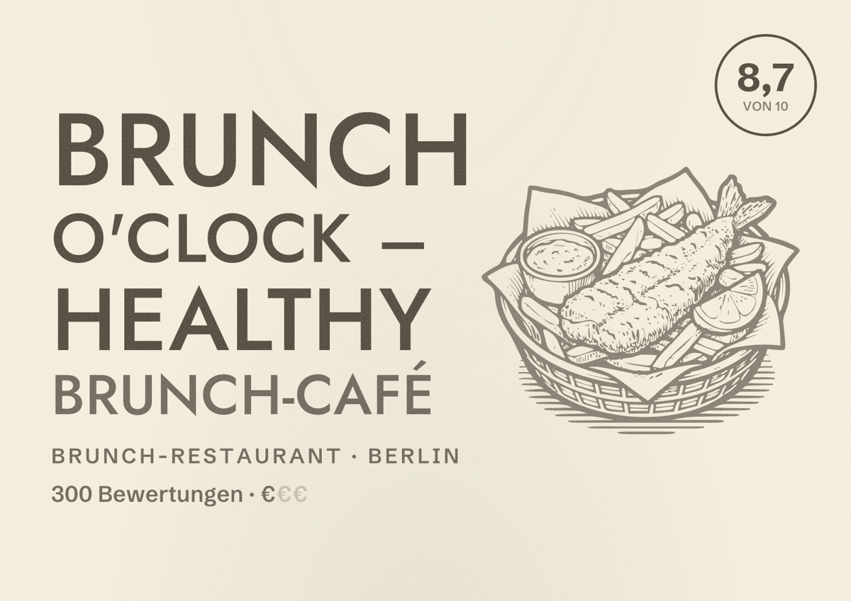 Illustriertes Poster von Brunch O'Clock – Healthy Brunch-Café, Brunch-Restaurant in Berlin: Bewertung 8,7 von 10 aus 300 Bewertungen, Preisniveau €