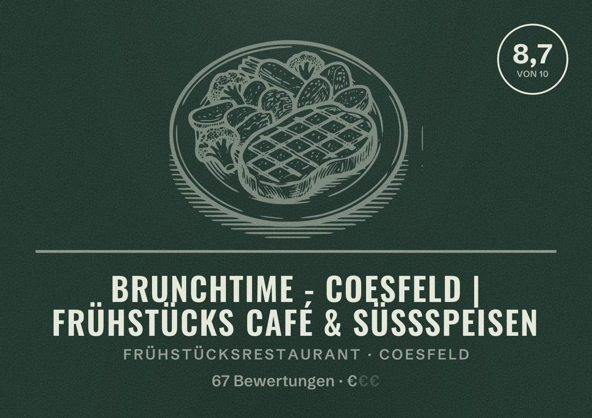Illustriertes Poster von BrunchTime - Coesfeld | Frühstücks Café & Süßspeisen, Frühstücksrestaurant in Coesfeld: Bewertung 8,7 von 10 aus 67 Bewertungen, Preisniveau €