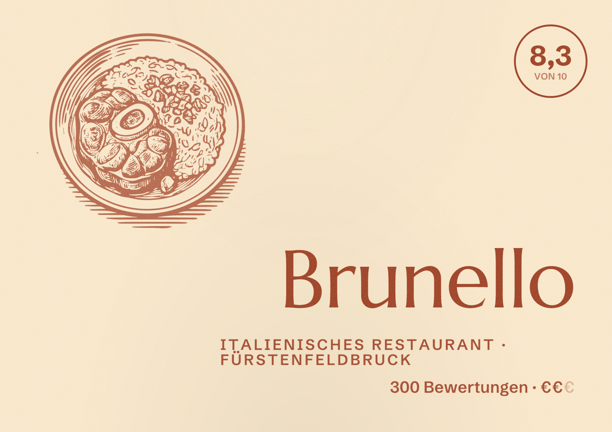 Illustriertes Poster von Brunello, Italienisches Restaurant in Fürstenfeldbruck: Bewertung 8,3 von 10 aus 300 Bewertungen, Preisniveau €€