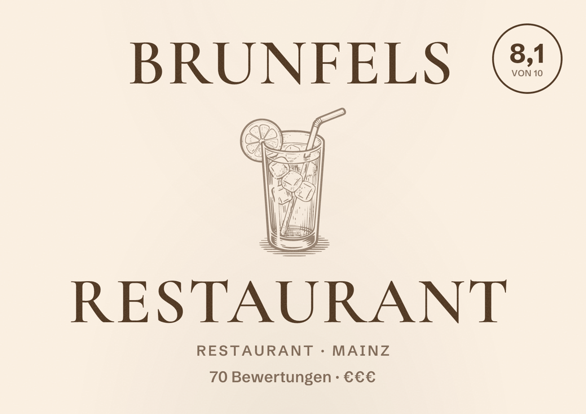 Illustriertes Poster von Brunfels Restaurant, Restaurant in Mainz: Bewertung 8,1 von 10 aus 70 Bewertungen, Preisniveau €€€