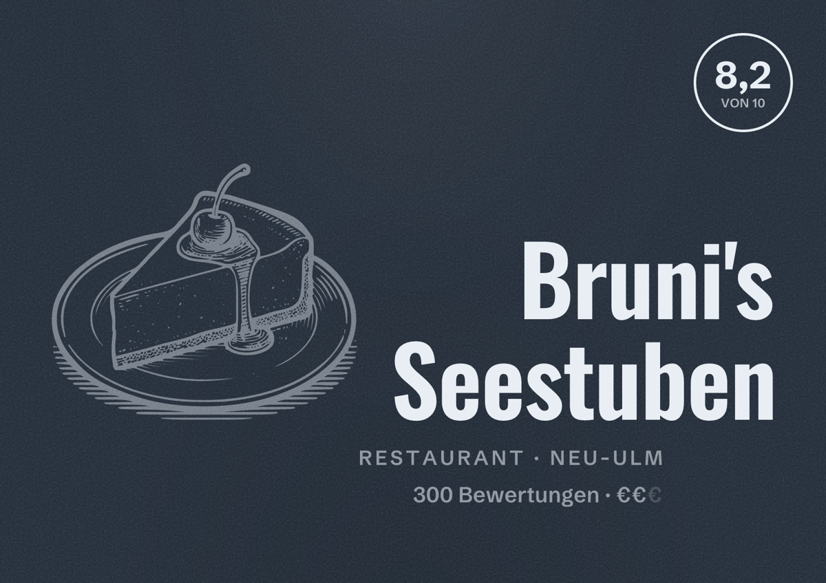 Illustriertes Poster von Bruni's Seestuben, Restaurant in Neu-Ulm: Bewertung 8,2 von 10 aus 300 Bewertungen, Preisniveau €€