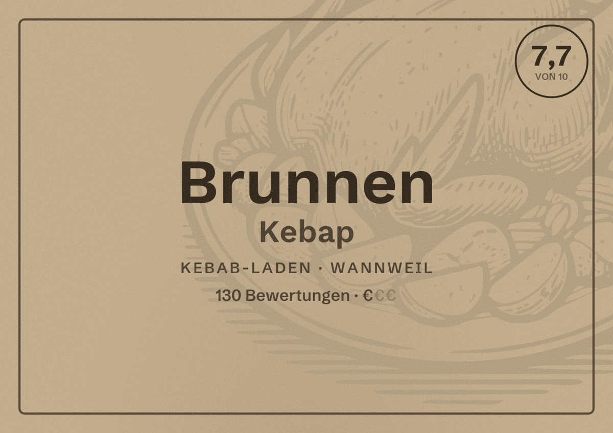 Illustriertes Poster von Brunnen Kebap, Kebab-Laden in Wannweil: Bewertung 7,7 von 10 aus 130 Bewertungen, Preisniveau €